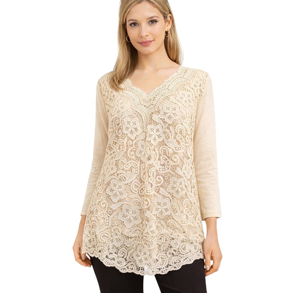 Fair Lady Womens‎ Lace Top 22 Beige Crochet Overlay Dressy Romantic Sheer